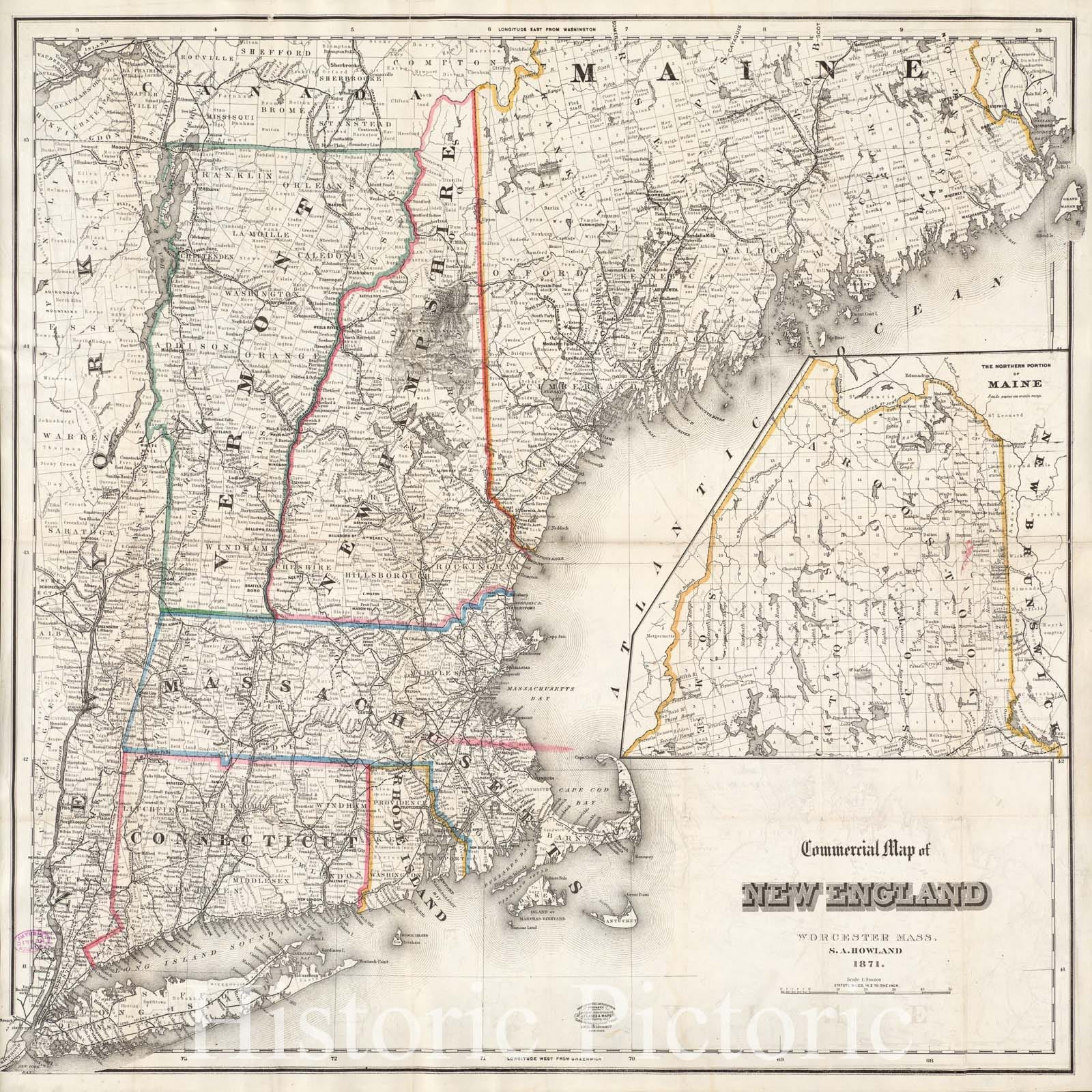 Historical Map, 1871 Commercial map of New England, Vintage Wall Art