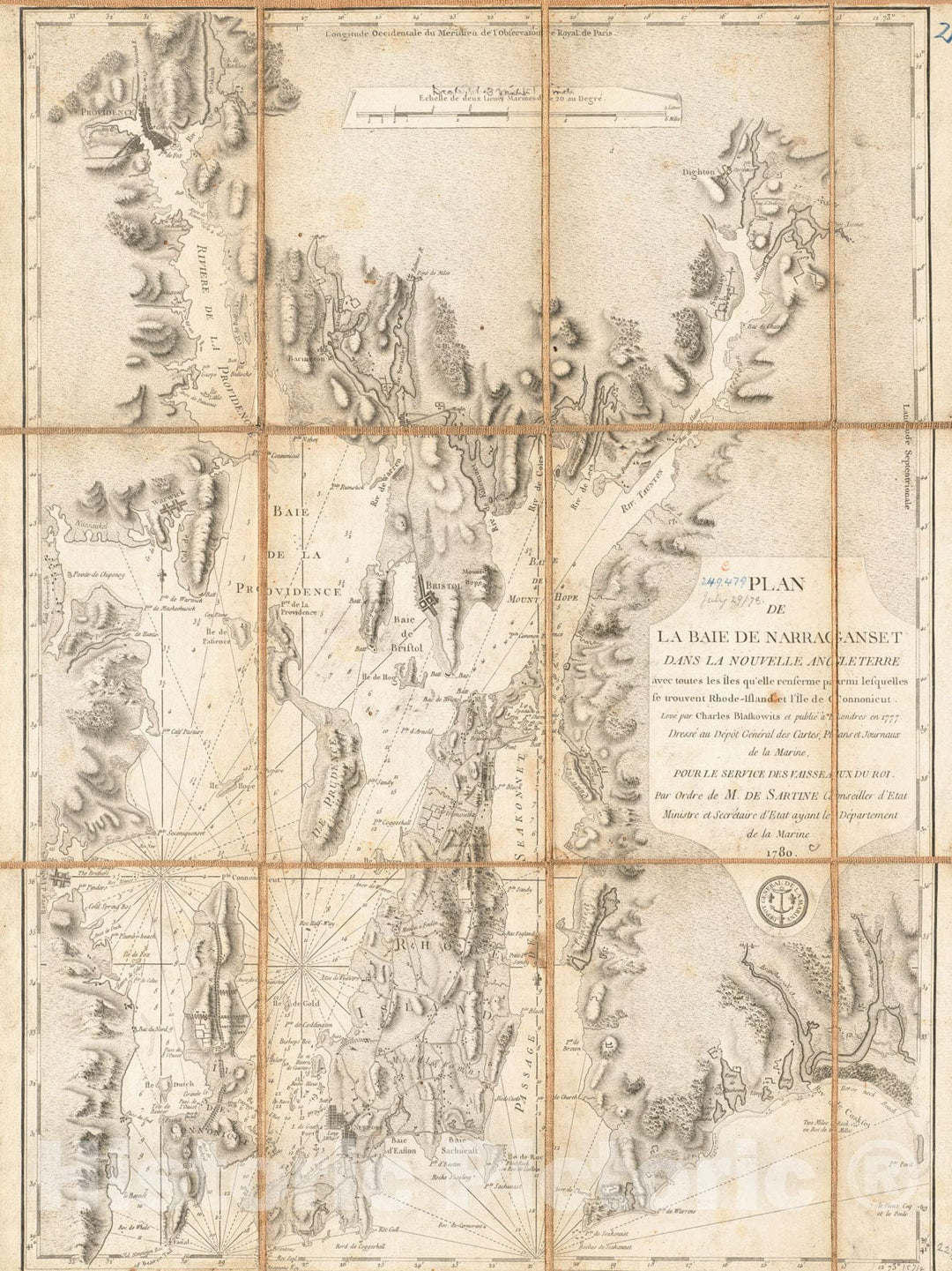 Historical Map, 1780 Plan de la baie de Narraganset Dans la Nouvelle Angleterre : avec toutes les iIâ€šles qu'elle renferme parmi lesquelles se trouvent Rhode-Island, Vintage Wall Art