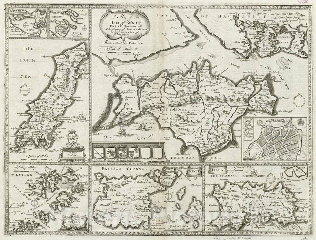 Historical Map, 1700 A map of The Isle of Wight Portsea Halinge, Also The Islands of Iarsey & Garnsey which are Part of Hampshire, Vintage Wall Art