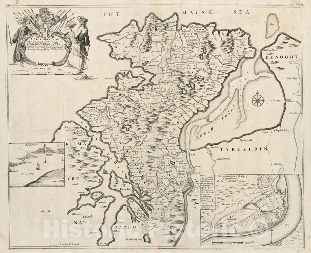 Historical Map, 1689-1691 A True Survey of The Earl of Donagals barronie of Enish Owen containing The Two Adjacent harbours of Lough Foile and Lough Suillie ye Isle, Vintage Wall Art