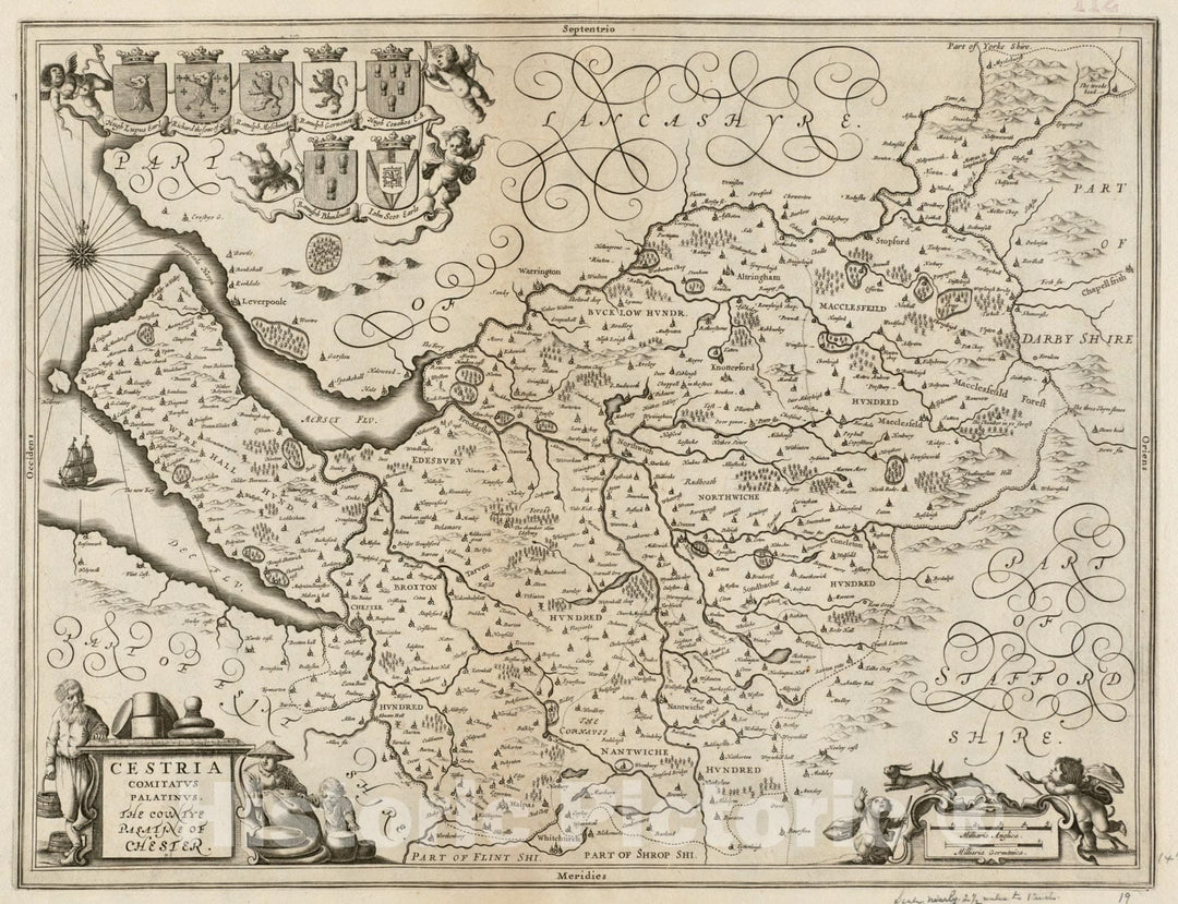 Historical Map, 1646-1680 Cestria Comitatus Palatinus = The Countye Palatine of Chester, Vintage Wall Art