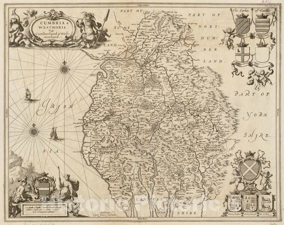 Historical Map, 1646-1680 Cumbria & Westmoria : vulgo Cumberland & Westmorland, Vintage Wall Art