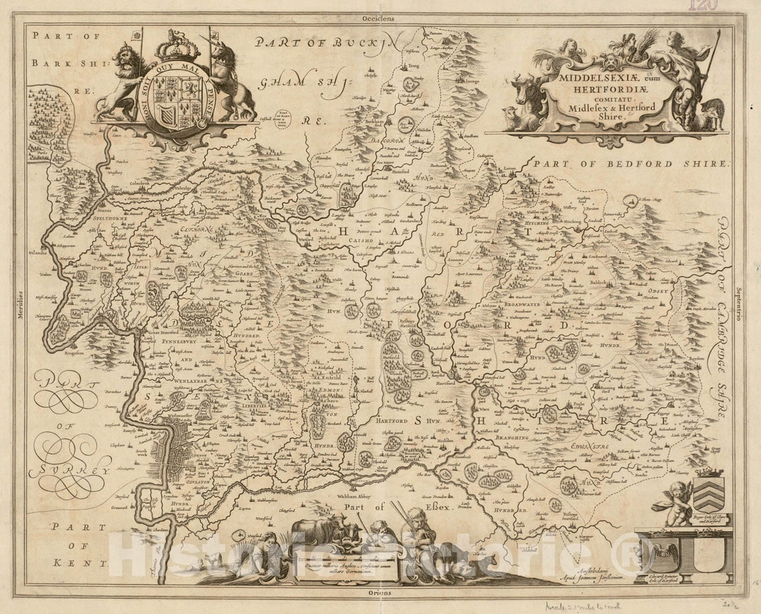 Historical Map, 1646-1680 Middelsexiae Cum Hertfordiae comitatu : Midlesex & Hertford Shire, Vintage Wall Art