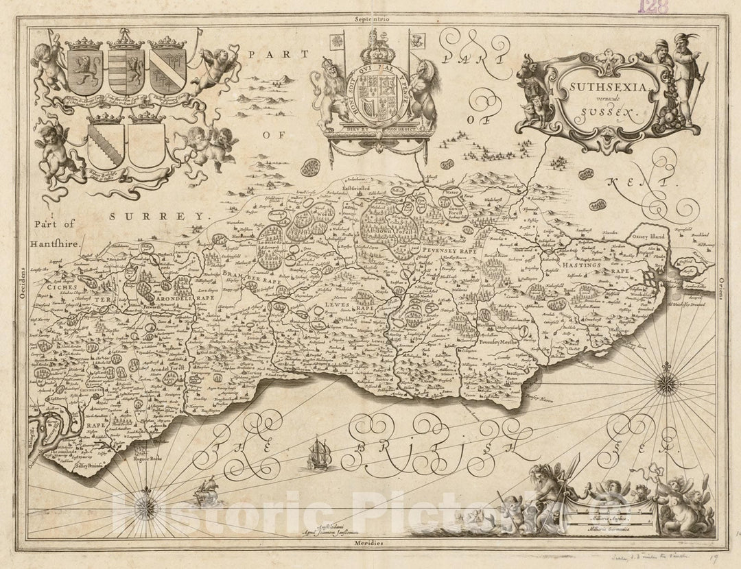 Historical Map, 1646-1680 Suthsexia : vernacule Sussex, Vintage Wall Art