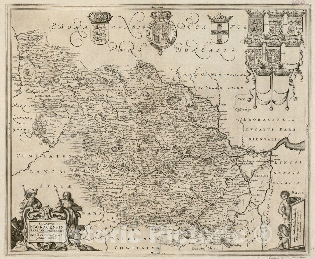 Historical Map, 1646-1680 Ducatus Eboracensis pars occidentalis = The Westriding of York Shire, Vintage Wall Art