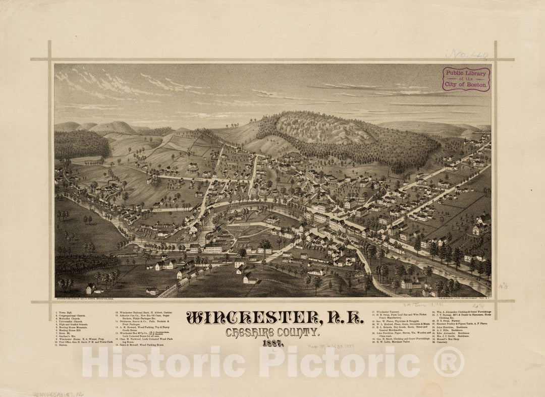 Historical Map, Winchester, N.H : Cheshire County, 1887, Vintage Wall Art