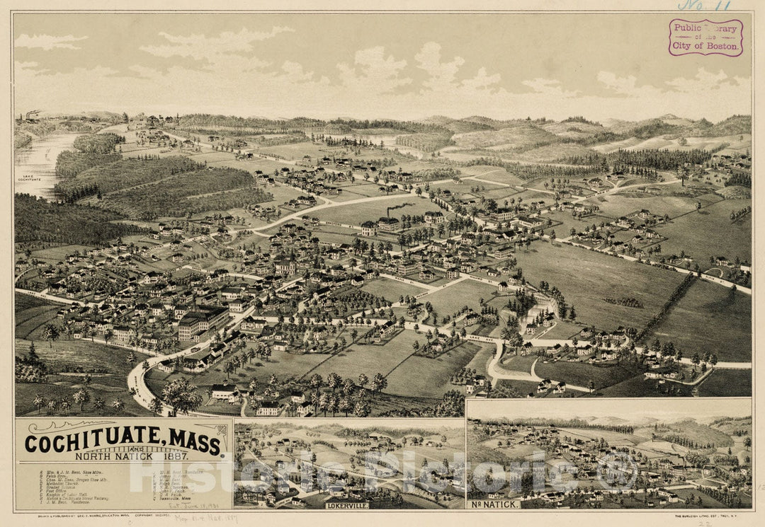 Historical Map, Cochituate, Mass. and North Natick, 1887, Vintage Wall Art
