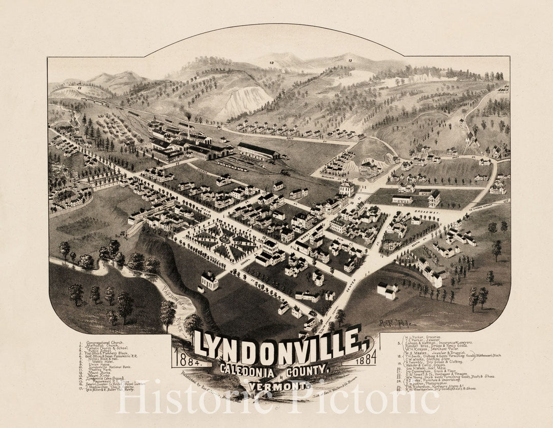 Historical Map, Lyndonville, Caledonia County, Vermont : 1884, Vintage Wall Art