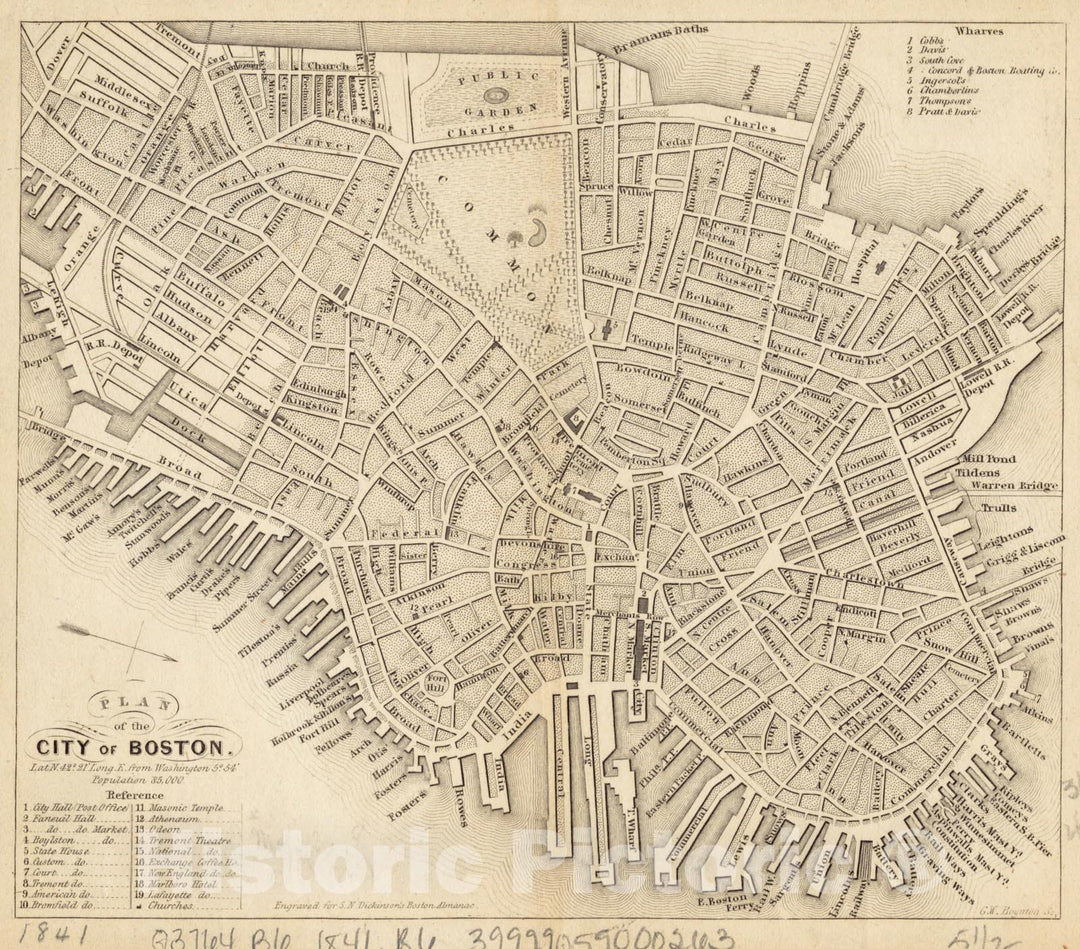 Historical Map, 1841 Plan of The City of Boston, Vintage Wall Art