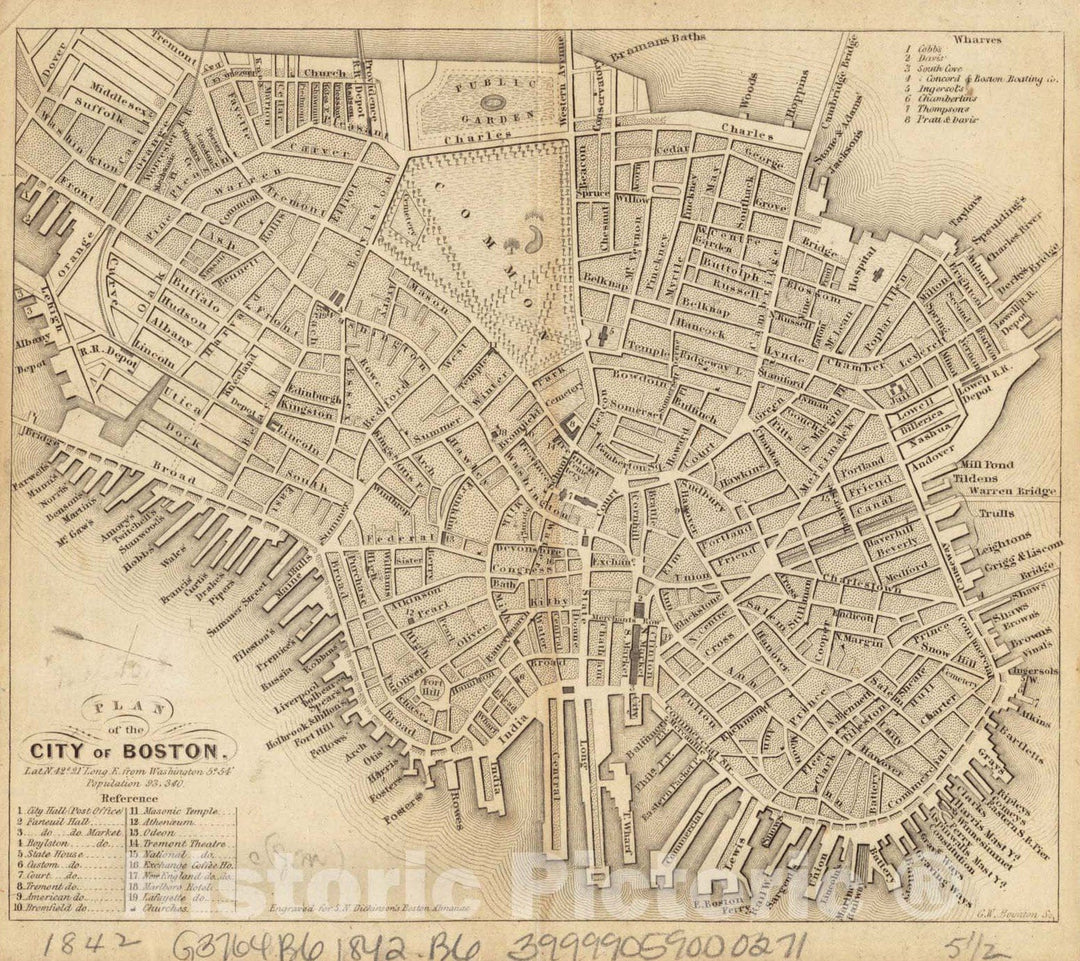 Historical Map, 1842 Plan of The City of Boston, Vintage Wall Art