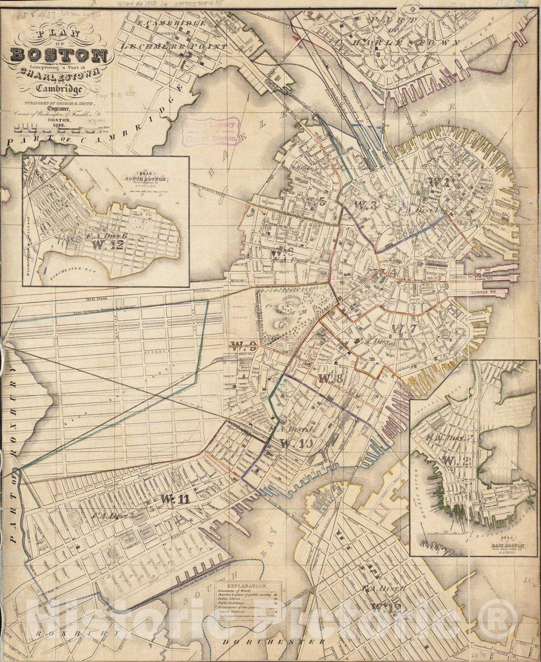 Historical Map, 1858 Plan of Boston comprising a Part of Charlestown and Cambridge, Vintage Wall Art