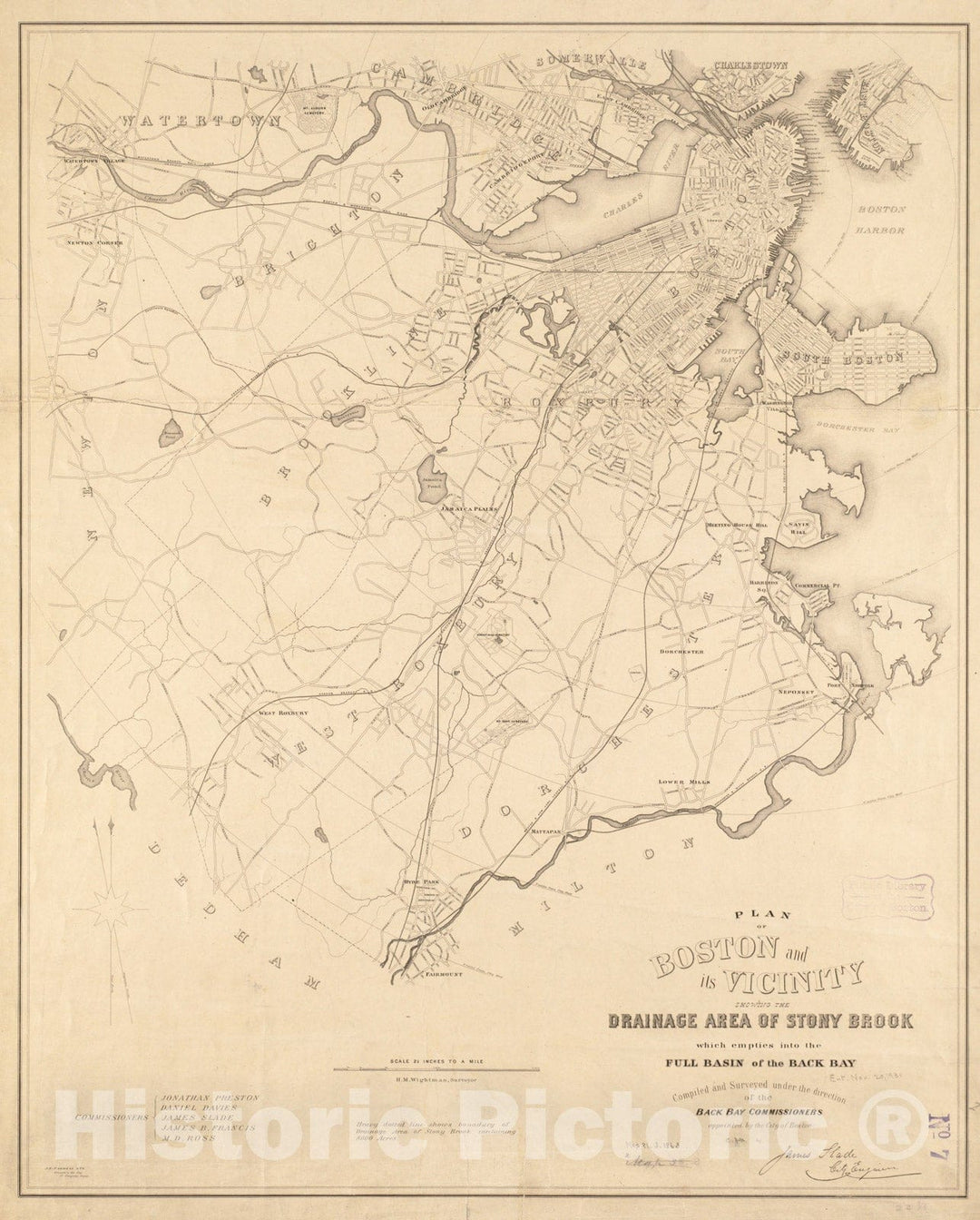 Historical Map, 1863 Plan of Boston and its Vicinity, Showing The Drainage Area of Stony Brook which Empties into The Full Basin of The Back Bay, Vintage Wall Art