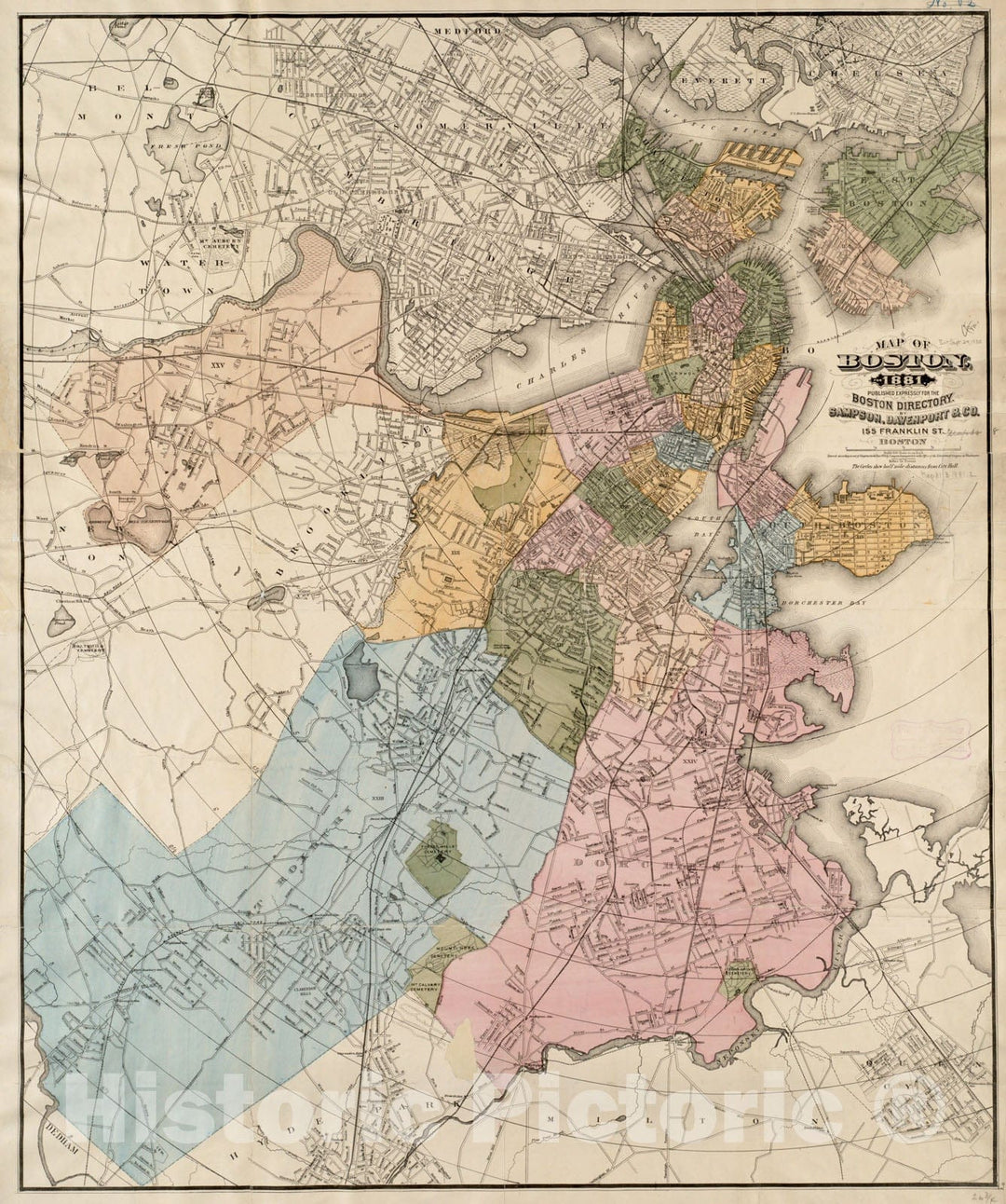Historical Map, Map of Boston, for 1881, Vintage Wall Art