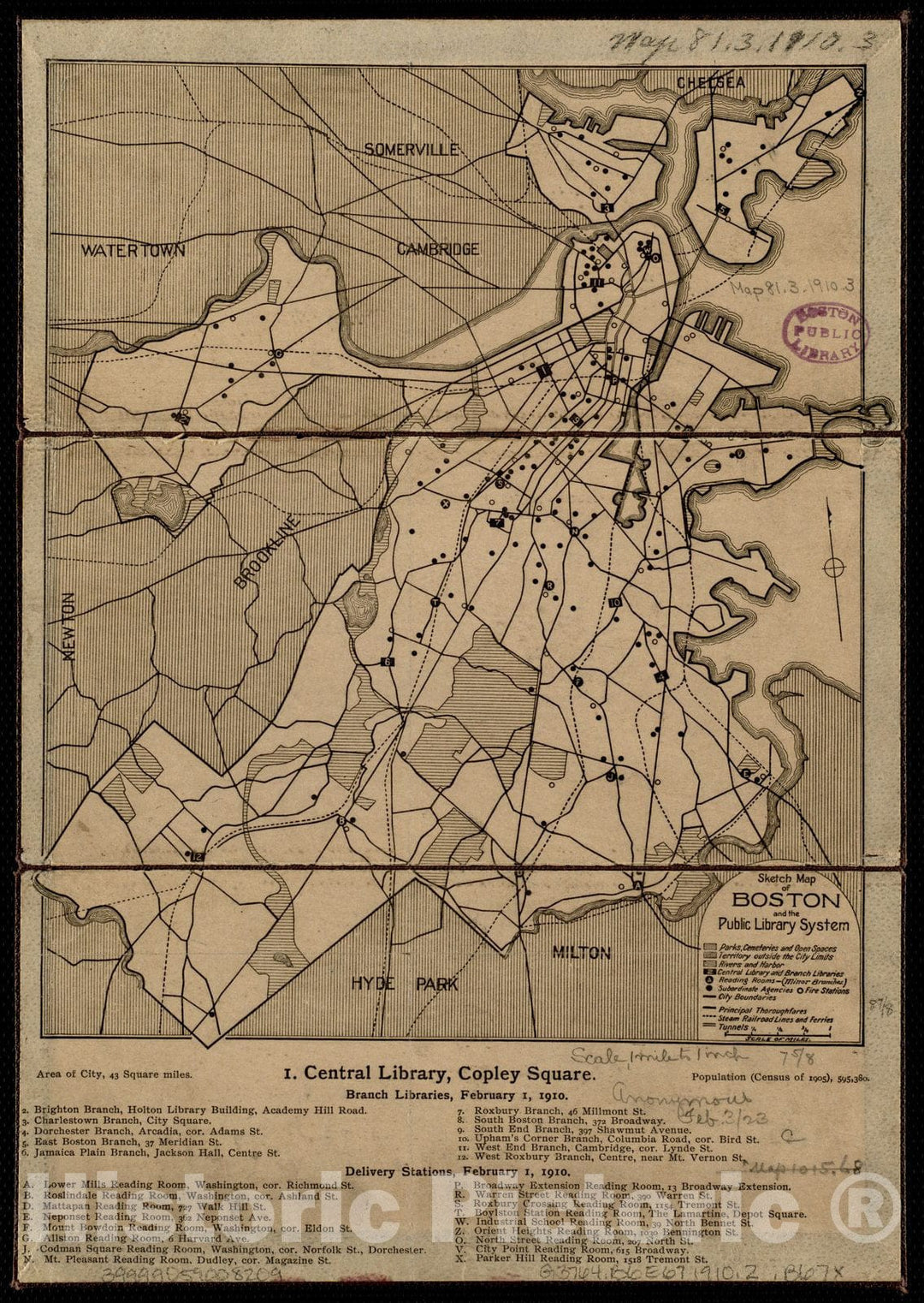 Historical Map, 1910 Sketch map of Boston and The Public Library System, Vintage Wall Art