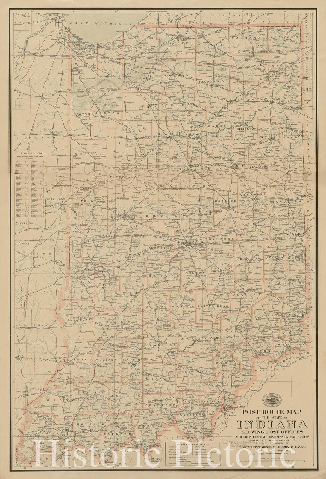 Historical Map, Post Route map of The State of Indiana Showing Post Offices with The Intermediate Distances on Mail Routes in Operation on The 1st of December, 1903, Vintage Wall Art
