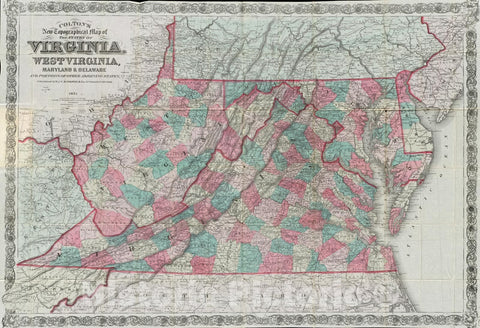 Historical Map, 1880 Colton's New Topographical map of The States of Virginia, West Virginia, Maryland & Delaware and portions of Other adjoining States, Vintage Wall Art