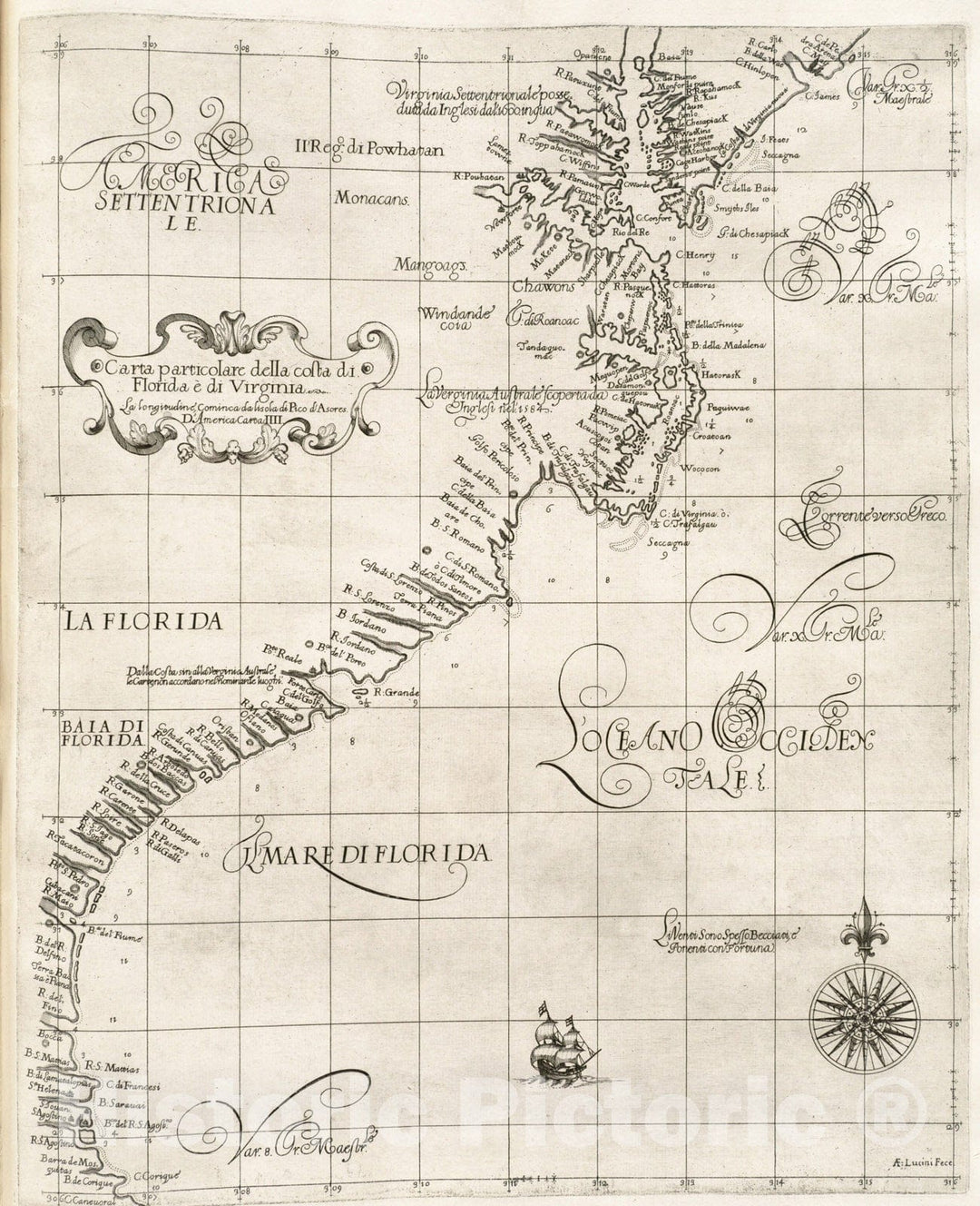 Historical Map, 1647 Carta particolare Della Costa di Florida eI' di Virginia, Vintage Wall Art