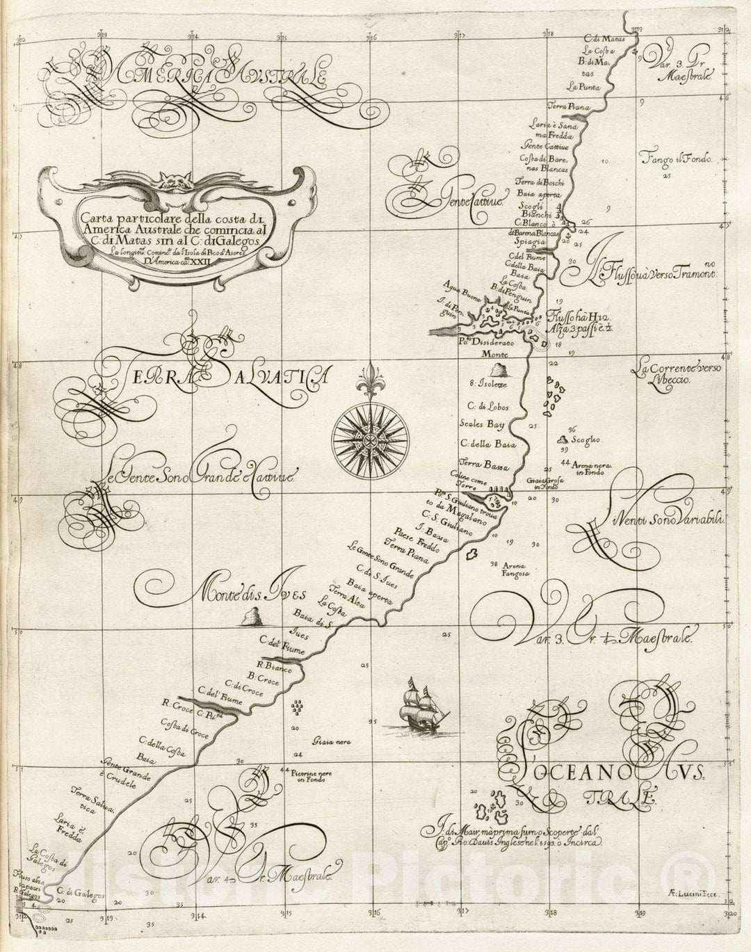 Historical Map, 1647 Carta particolare della costa di America Australe che comincia al C. di Matas sin al C. di Galegos, Vintage Wall Art