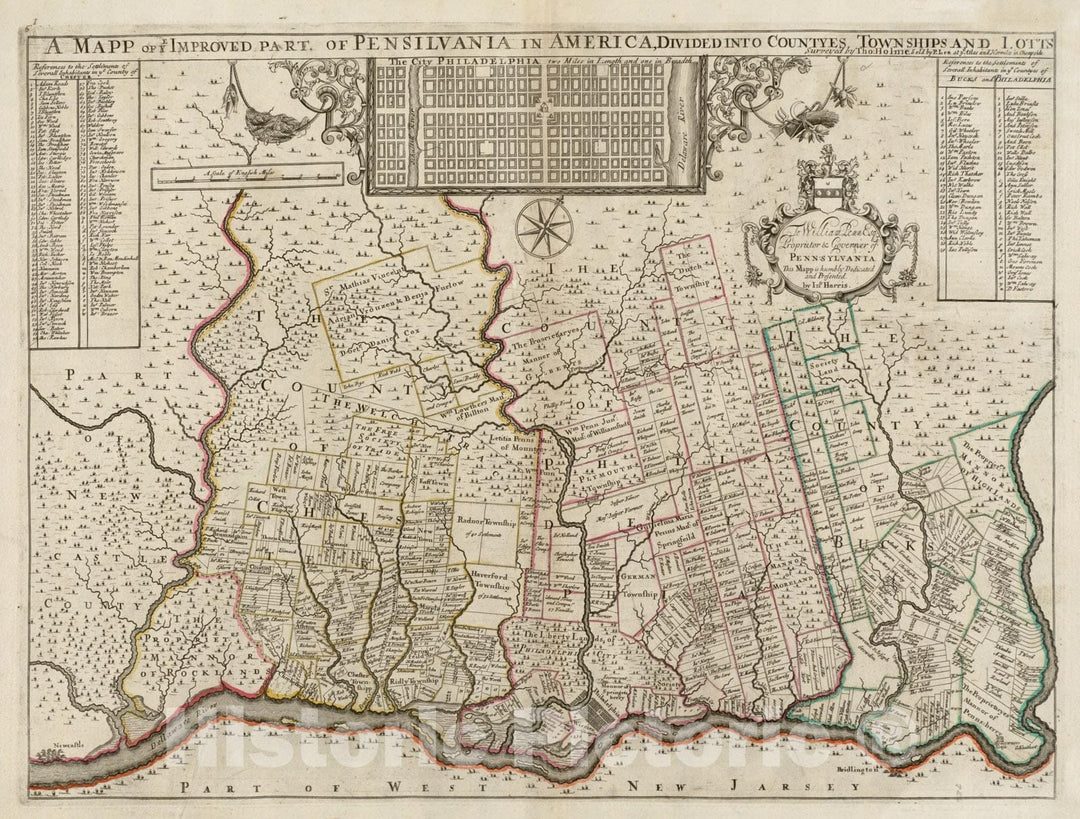 Historical Map, 1689 A mapp of ye Improved Part of Pensilvania in America, Divided into countyes, townships, and lotts, Vintage Wall Art