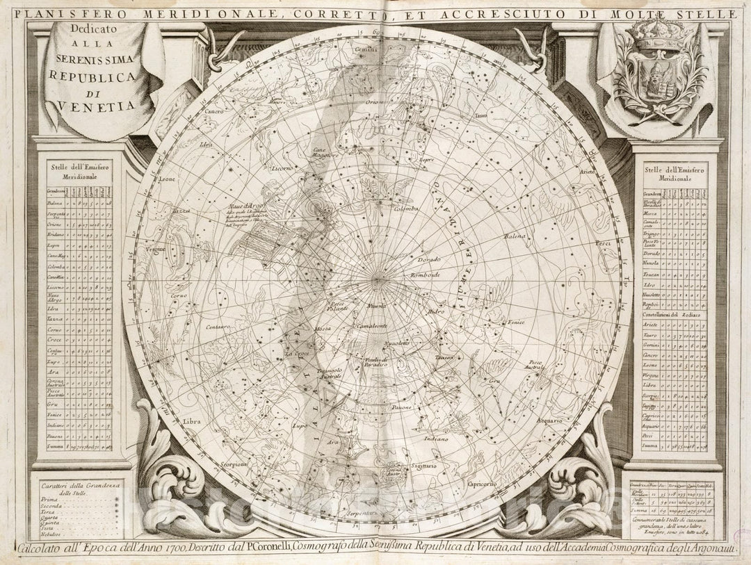 Historical Map, Planisfero meridionale, corretto, et accresciuto di molte Stelle calcolato All' epoca dell' Anno 1700, Vintage Wall Art
