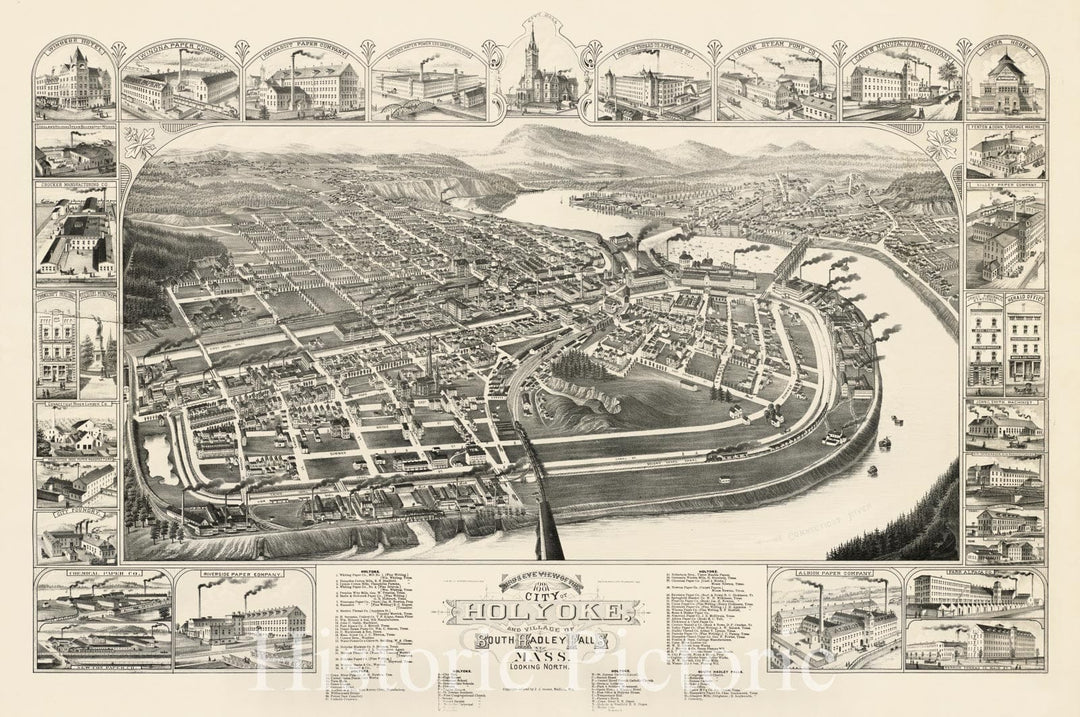 Historical Map, 1881 Bird's Eye View of The City of Holyoke, and Village of South Hadley Falls, Mass. Looking North, Vintage Wall Art