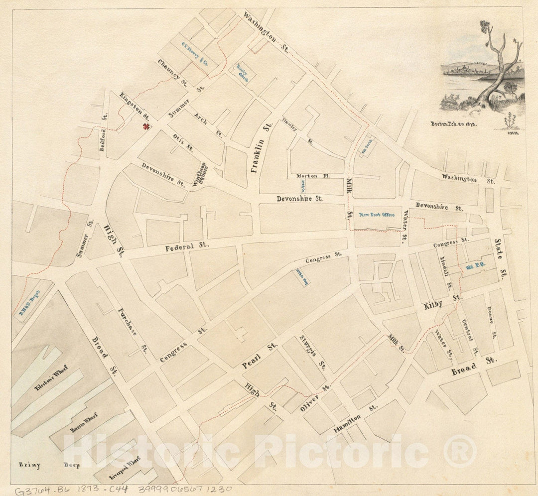 Historical Map, Boston, Feb. 20 1873, Vintage Wall Art