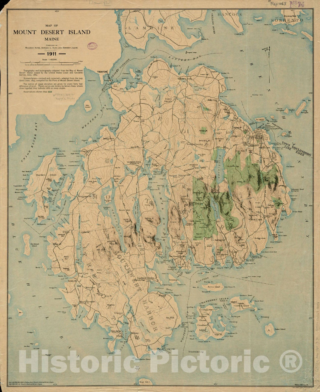 Historical Map, 1911 Map of Mount Desert Island, Maine, Vintage Wall Art