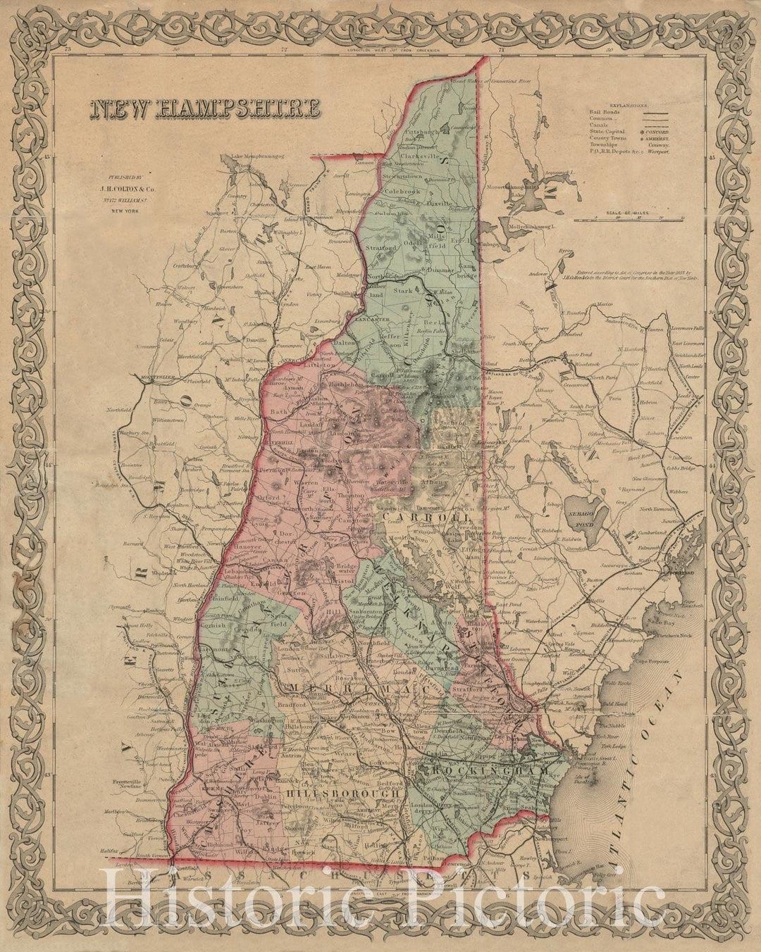 Historical Map, 1855 New Hampshire, Vintage Wall Art