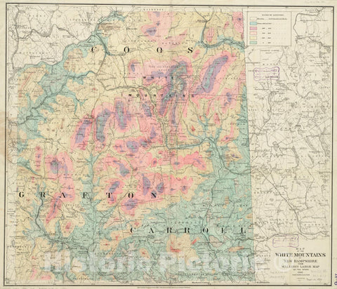 Historical Map, Map of The White Mountains of New Hampshire from Walling's Large map of The State, 1881, Vintage Wall Art