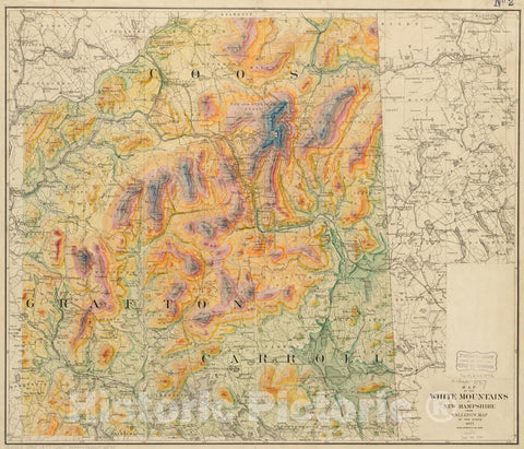 Historical Map, Map of The White Mountains of New Hampshire from Walling's map of The State, 1877, Vintage Wall Art