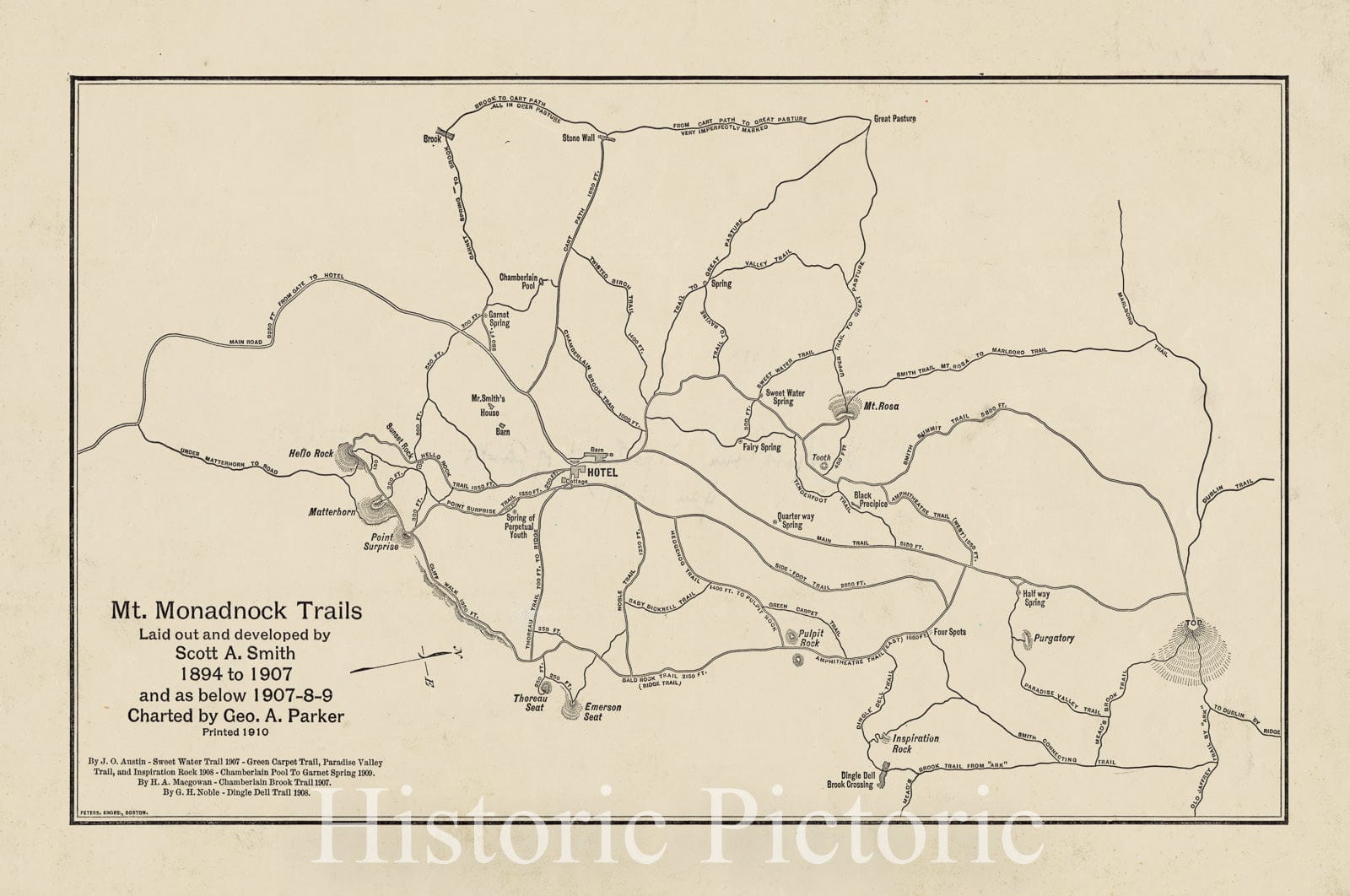 Historical Map, Mt. Monadnock Trails Laid Out and Developed by Scott A. Smith, 1894 to 1907, and as Below 1907-8-9, Vintage Wall Art