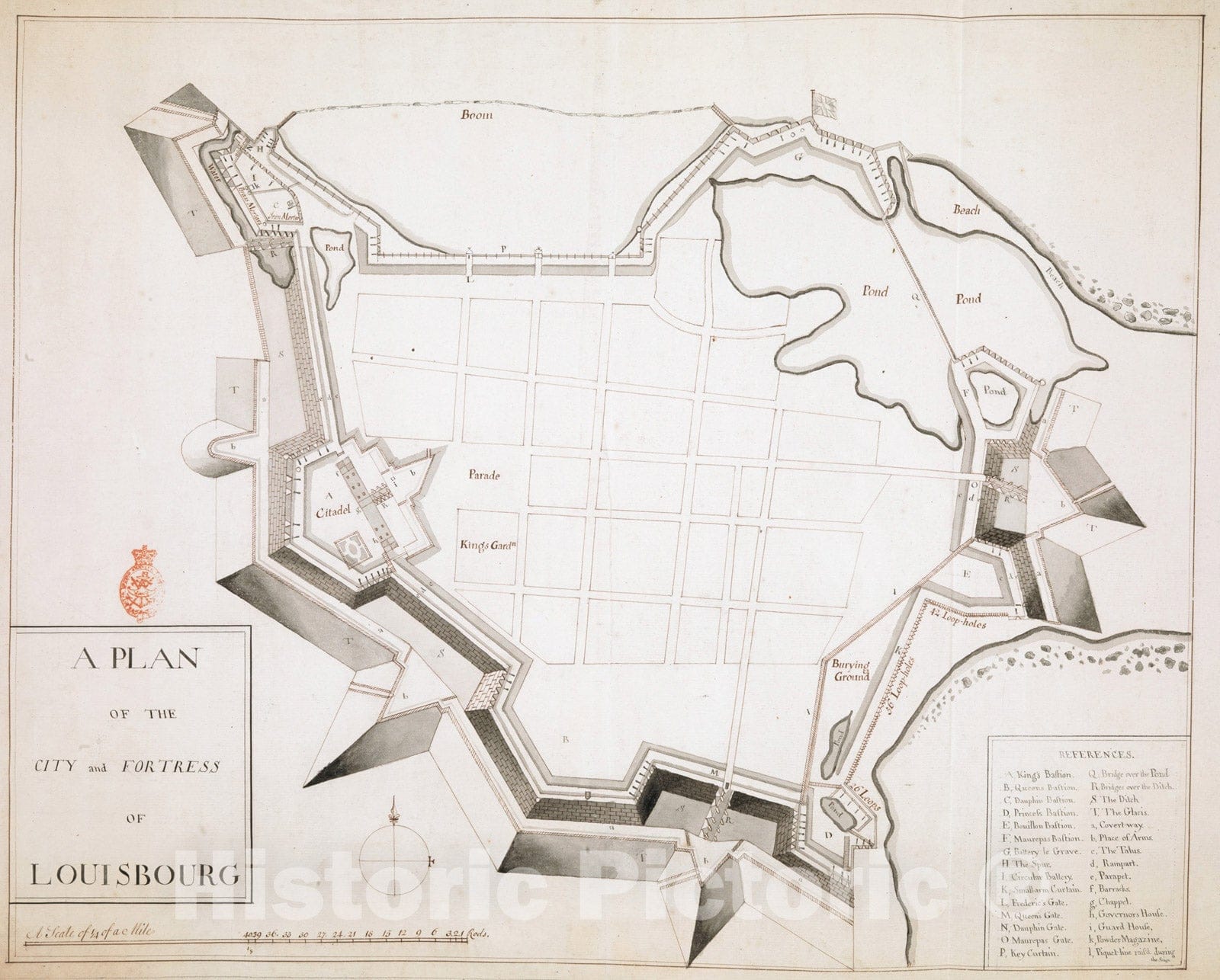 Historical Map, 1745 A Plan OF THE CITY and FORTRESS OF LOUISBOURG, Vintage Wall Art