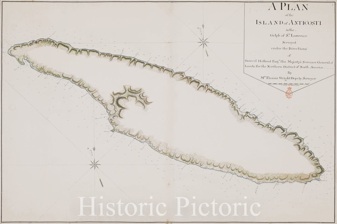 Historical Map, 1767 A Plan of the ISLAND of ANTICOSTI in the Gulph of S.T Lawrence Surveyed under the Directions of Samuel Holland Esq.r His Majesty's Surveyor General, Vintage Wall Art
