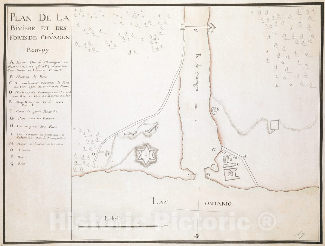 Historical Map, ca. 1760 Plan DE LA Riviere ET DES FORTS DE CHVAGEN, Vintage Wall Art