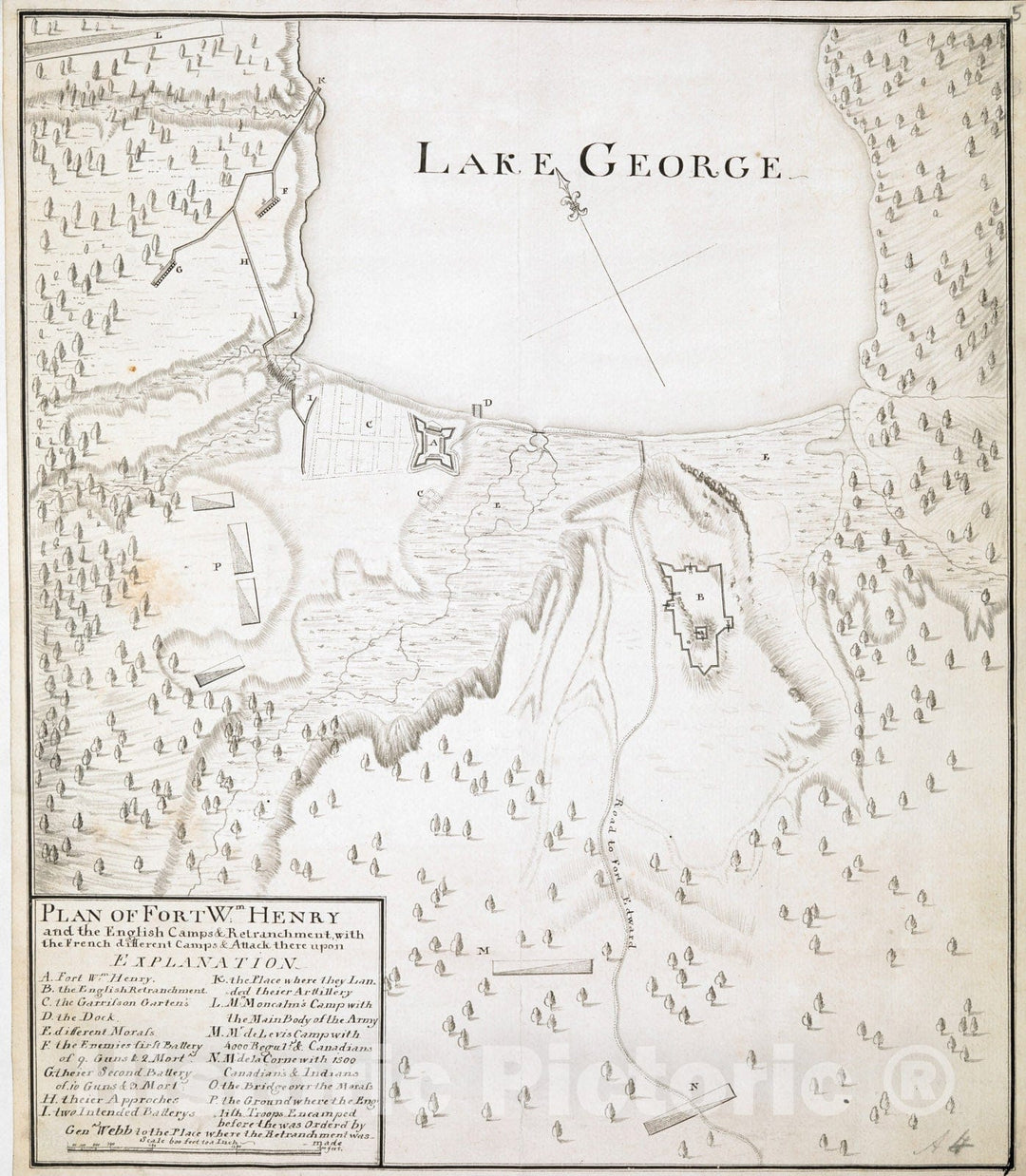 Historical Map, ca. 1757 Plan of Fort Wm Henry and The English Camps & Retranchment, with The French Different Camps & Attack There Upon, Vintage Wall Art