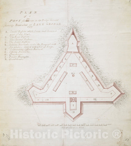 Historical Map, Plan of a Post for 430 Men on The Rocky Ground Formerly Retrenched at Lake George 1759, Vintage Wall Art