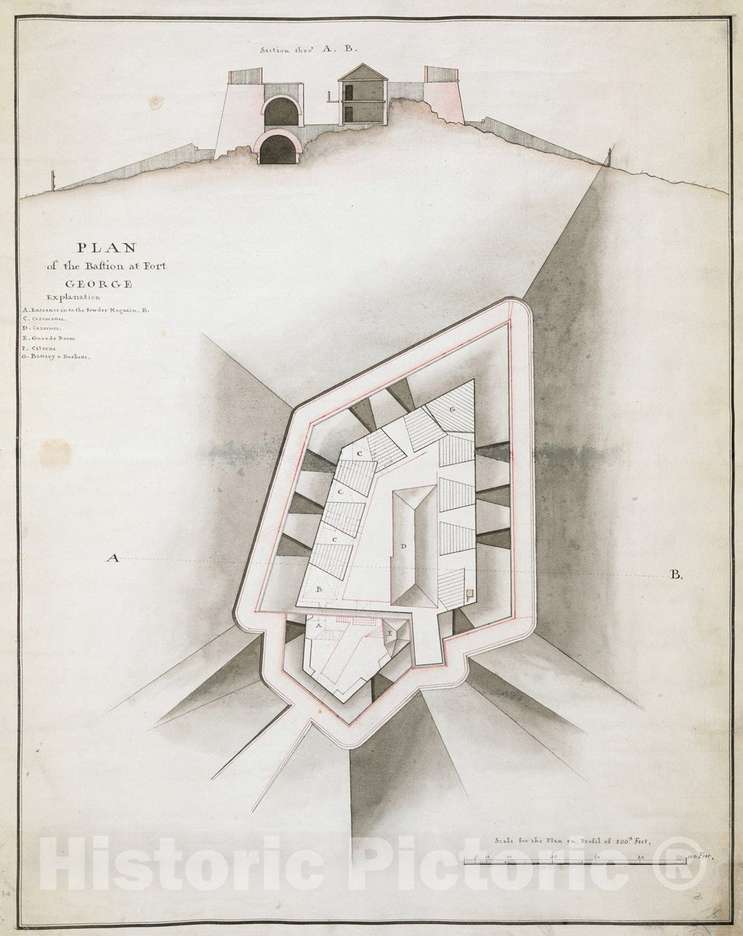 Historical Map, ca. 1759 Plan of the Bastion at Fort George, Vintage Wall Art