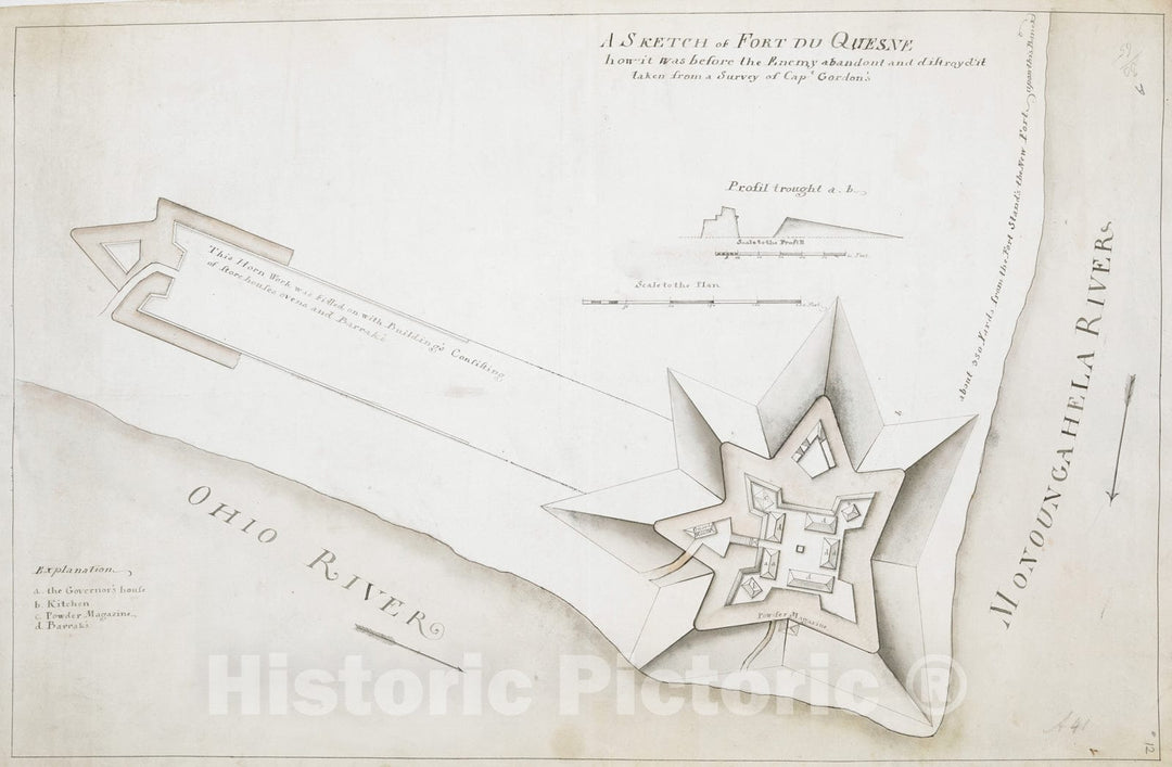 Historical Map, 1758 A SKETCH of FORT DU QUESNE how it was before the Enemy abandont and distryd it taken from a survey of Cap.t Gordon's, Vintage Wall Art
