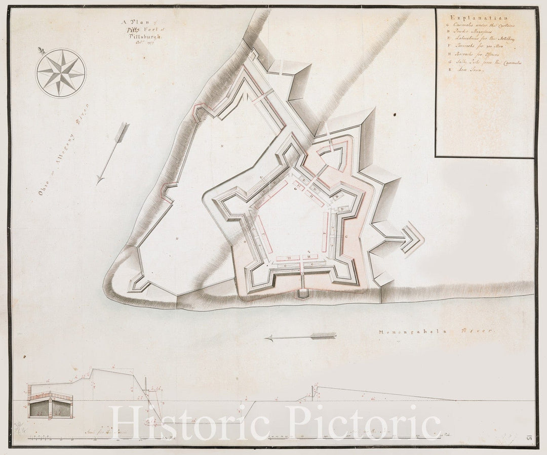 Historical Map, A Plan of Pitts Fort at Pittsburgh. Oct.r 1759, Vintage Wall Art