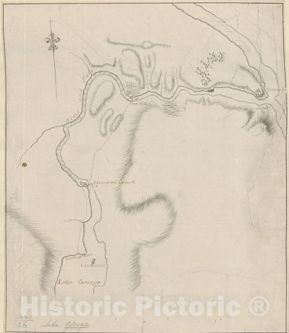 Historical Map, 1756 [A map showing the northern part of Lake George and Fort Ticonderoga], Vintage Wall Art