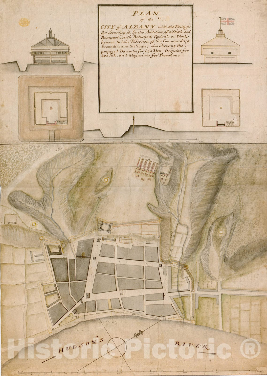 Historical Map, 1756 Plan of The City of Albany with The Designs for Securing it by The Addition of a Ditch, and Rampart; with Detached Redouts, Vintage Wall Art