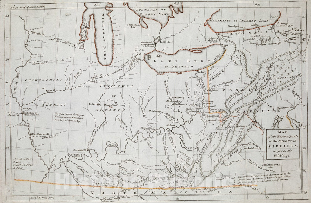 Historical Map, 1754 MAP of The Western Parts of The Colony of Virginia, as far as The Mississipi, Vintage Wall Art