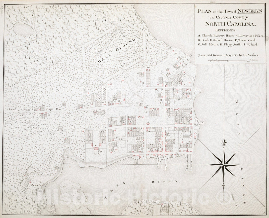 Historical Map, 1769 Plan of The Town of Newbern in Craven County North Carolina, Vintage Wall Art