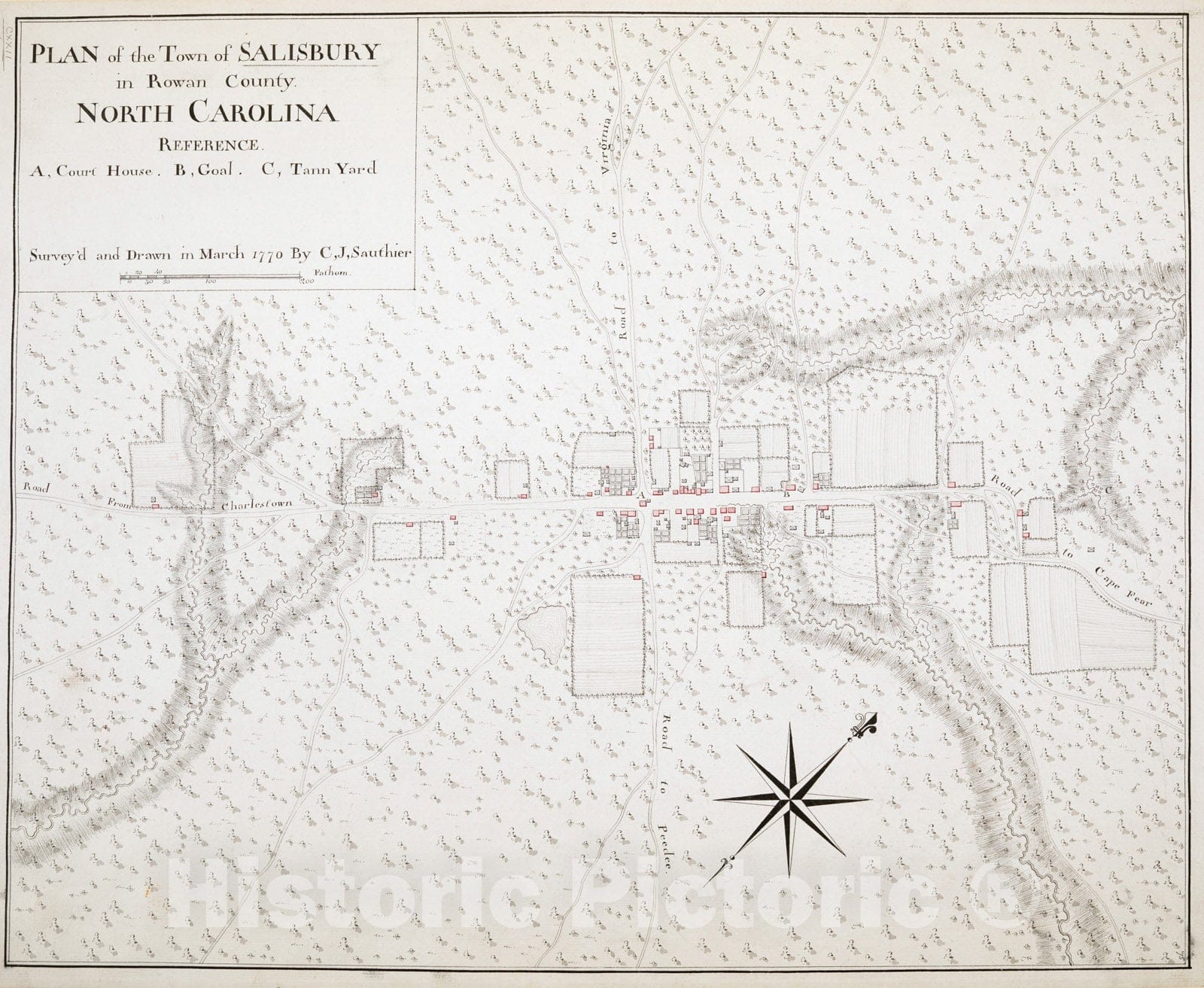 Historical Map, 1770 Plan of The Town of Salisbury in Rowan County. North Carolina, Vintage Wall Art