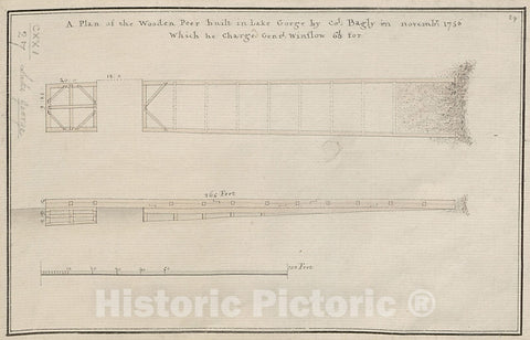 Historical Map, A Plan of The Wooden Peer Built in Lake George by Col. Bagly in novemb: r 1756 Which he Charged Genr: l Winslow 60: L for, Vintage Wall Art