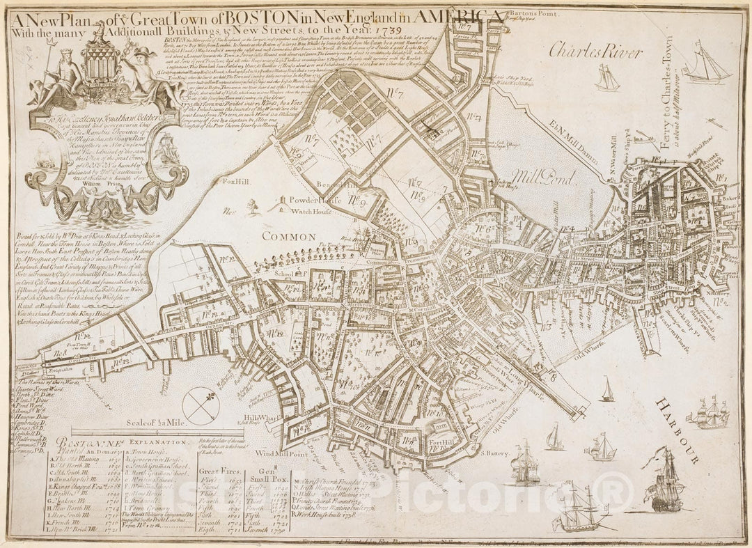 Historical Map, A New Plan of ye Great Town of Boston in New England in America with The Many Additionall Buildings & New Streets to The Year, 1739, Vintage Wall Art