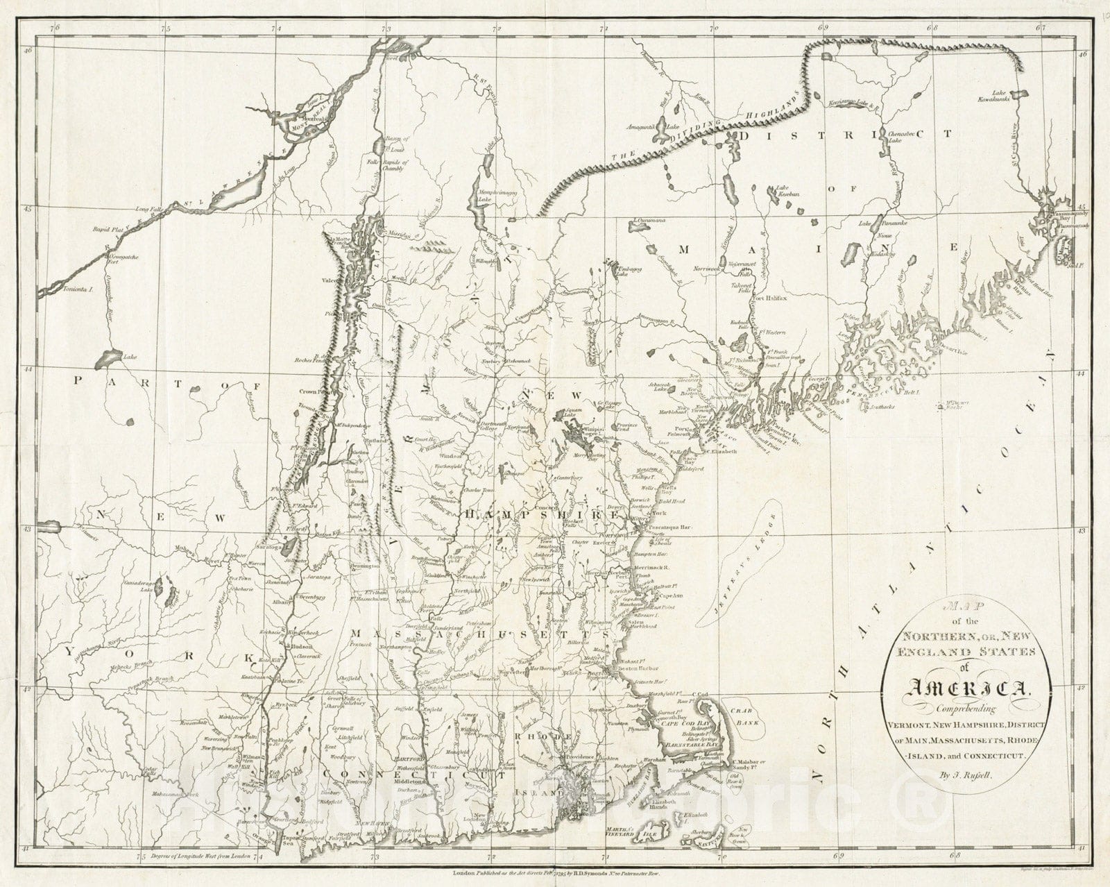Historical Map, 1795 Map of The Northern, or, New England States of America, comprehending Vermont, New Hampshire, District of Main, Massachusetts, Rhode Island, and Connecticut Reprint