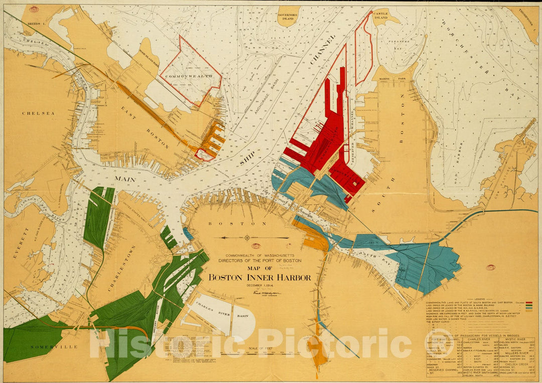 Historical Map, 1914 Map of Boston Inner Harbor, Vintage Wall Art