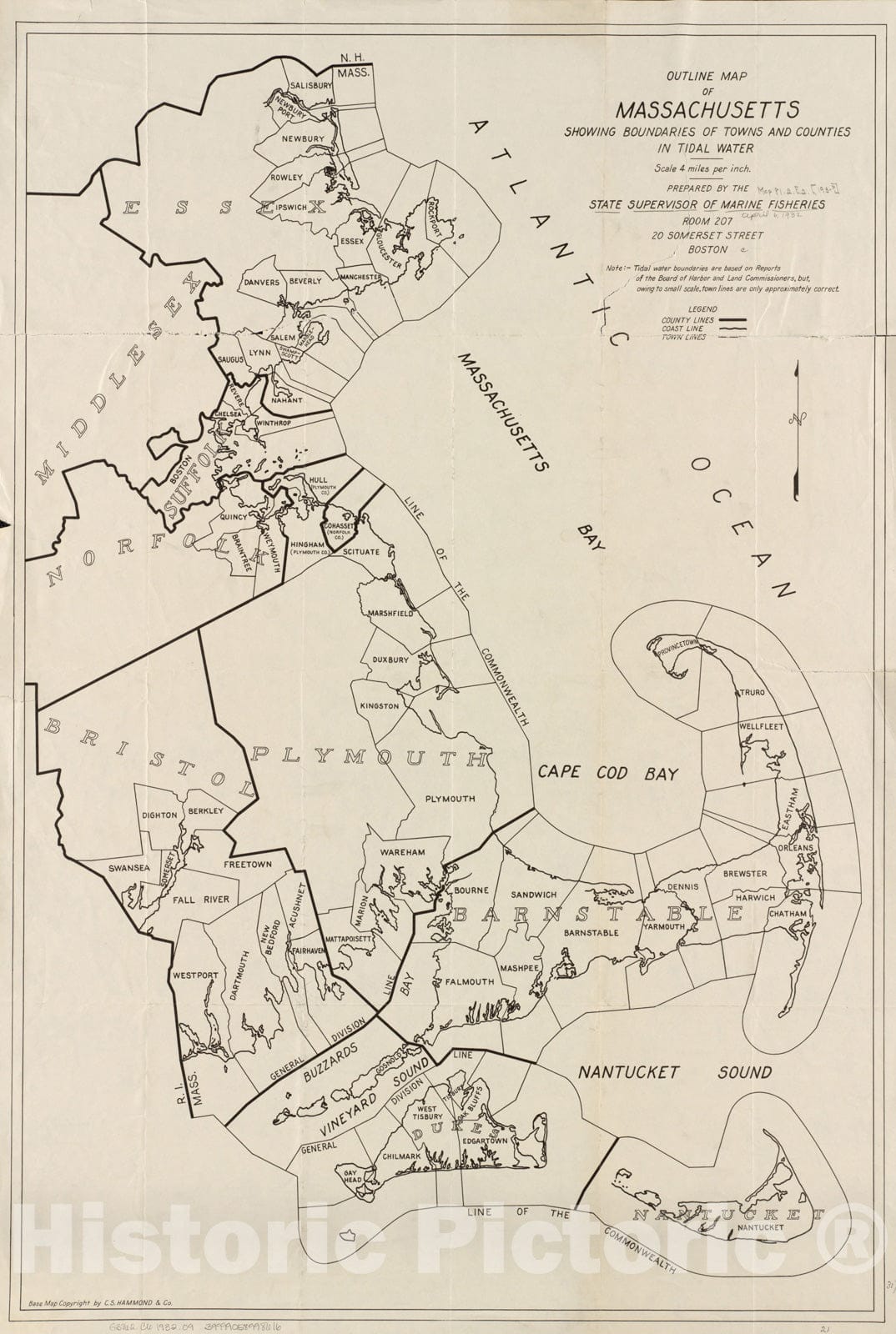 Historical Map, 1932 Outline map of Massachusetts Showing Boundaries of Towns and Counties in Tidal Water, Vintage Wall Art