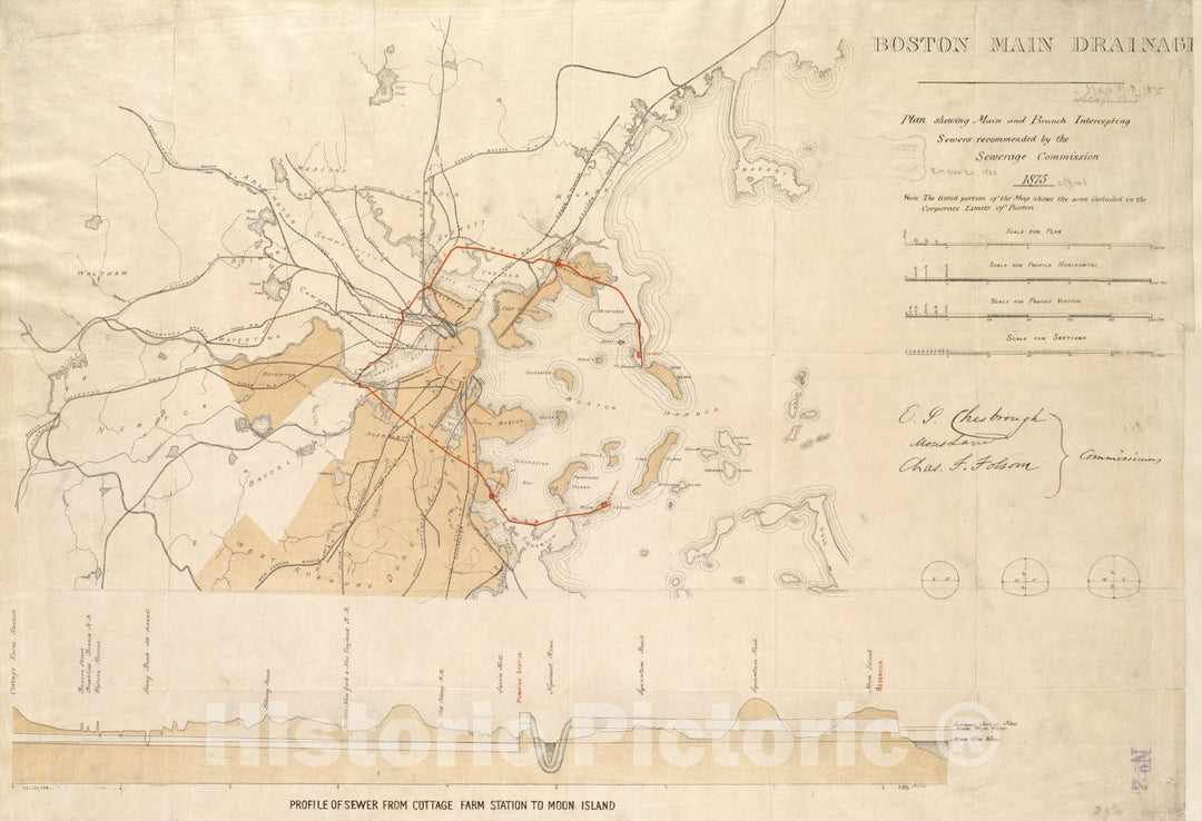 Historical Map, 1875 Boston Main Drainage : Plan Showing Main and Branch intercepting sewers Recommended by The Sewerage commision, Vintage Wall Art